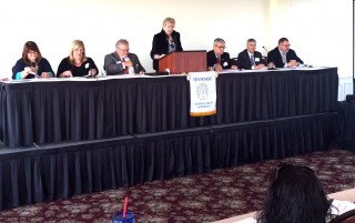 A panel of municipal judges discussing Codes at the TMJC seminar in Nashville, April 12th. (left to right) Judge Lynda Jones, Nashville, Judge Barbara Medley, Lewisburg, Judge Paul Plant, Saint Joseph, Judge Blair Morgan, Spring Hill, Judge Chuck Doerflinger, Loretto, Judge Ben Boston, Lawrenceburg, and Judge Thomas DuBois,Columbia.